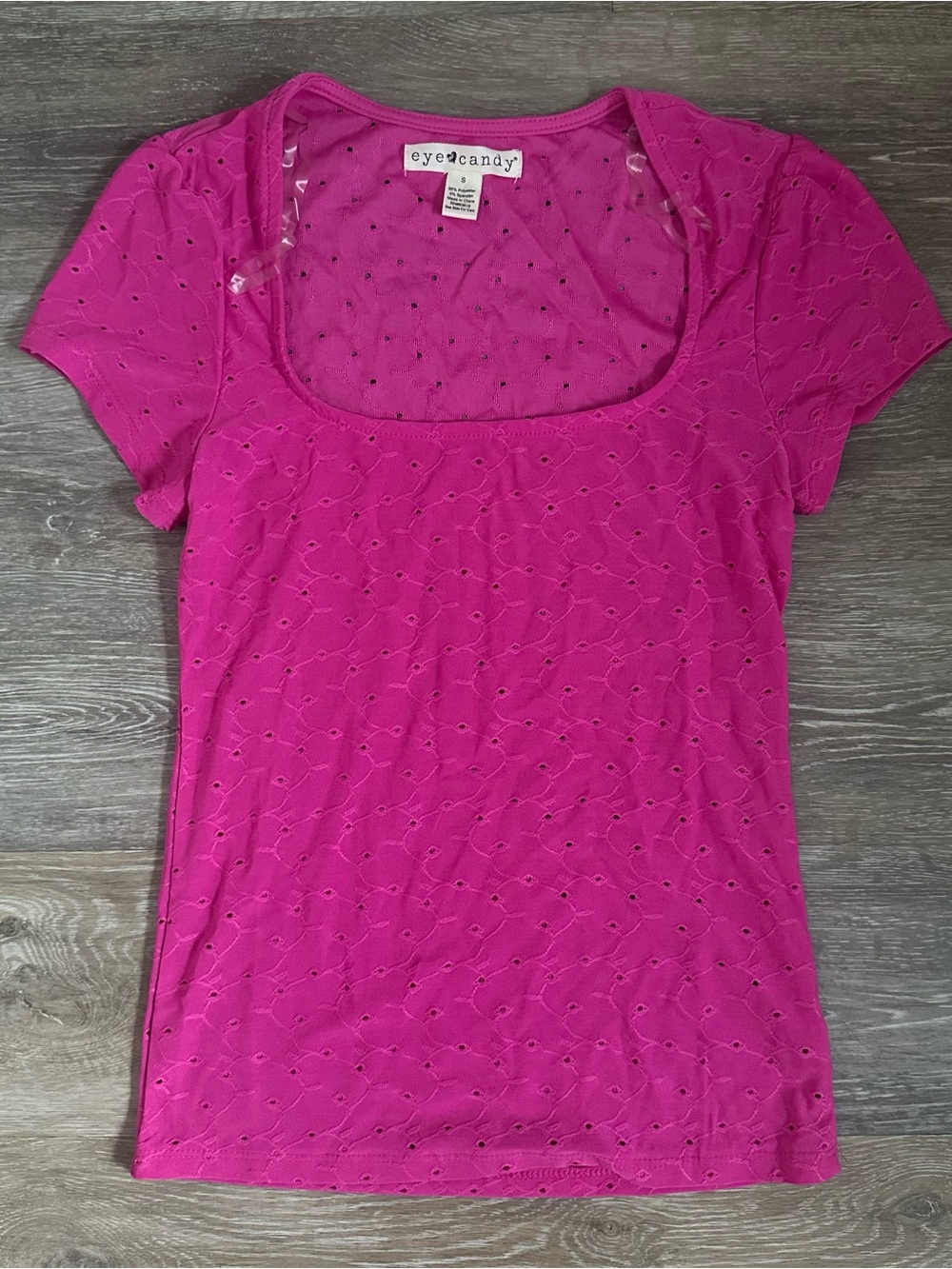 Eye Candy hot pink floral eyelet square neck T-shirt Sz S Y2K - Picture 3 of 5